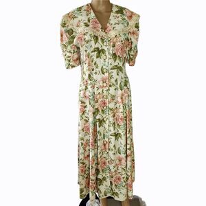 Vintage 90s Betsey Lauren Floral Dress Lace Collar Shoulder Pads - Size 9/10